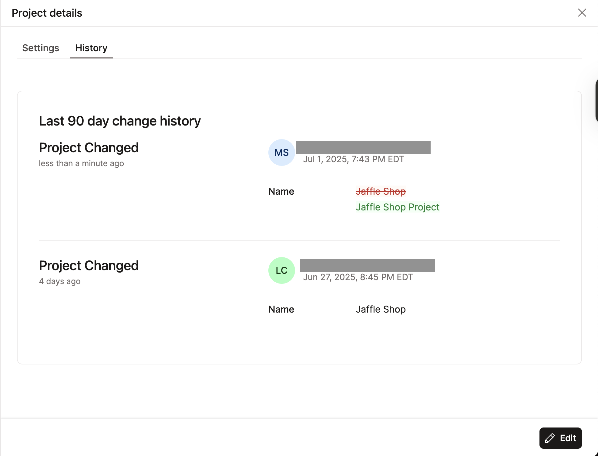 Example of the project history option. 